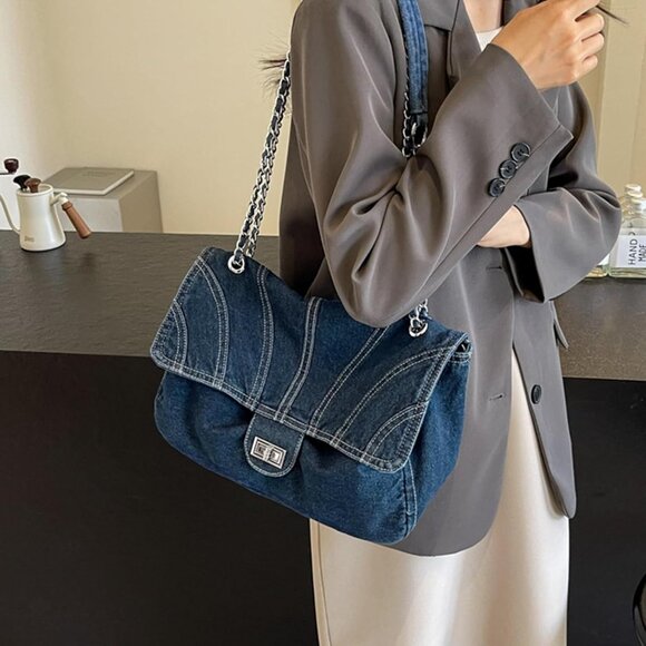 Elegant Denim Tote Bag for Women - Chic Crossbody with Organized Storage - Picture 3 of 6